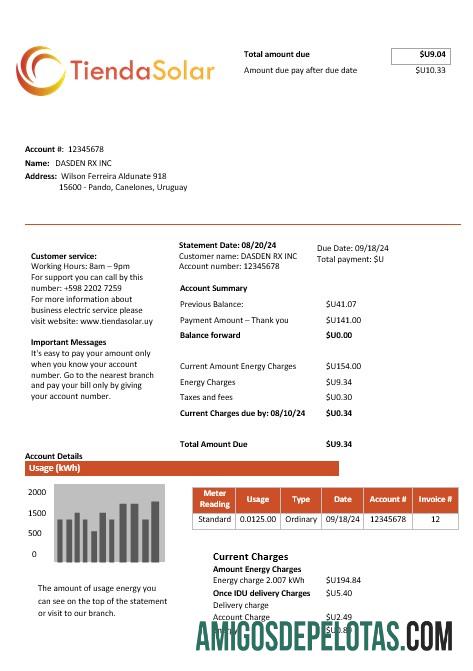 imprimível Modelo de conta de serviços públicos TiendaSolar do Uruguai em formatos Word e PDF